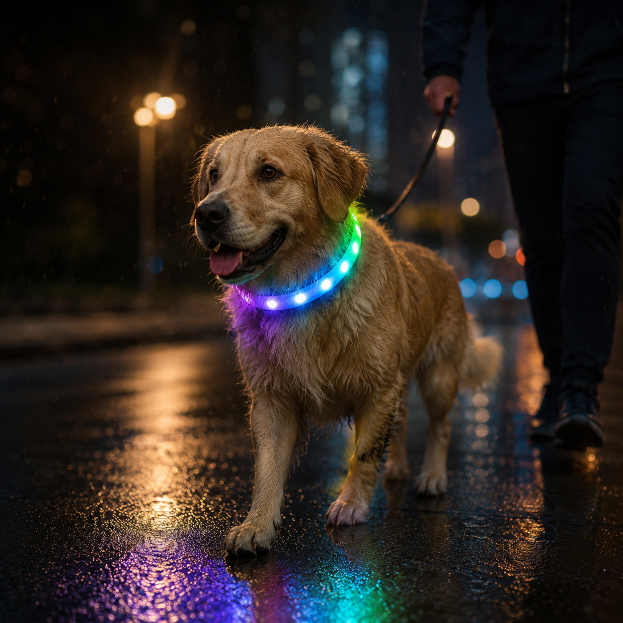 Collier LED Zenwoof — promenade sous la pluie